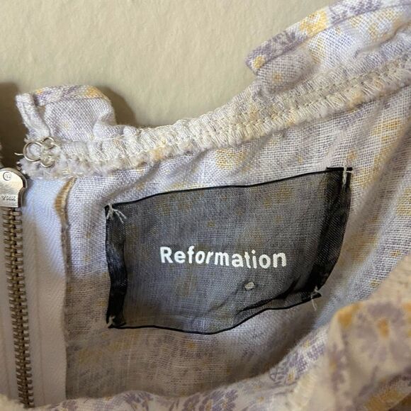 Reformation Miami Mini Cream Purple Dress Floral Shoulder Off Size 2 - Picture 11 of 11